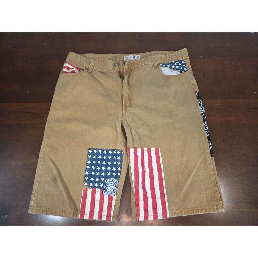 Diamond Stash Men 42 Patchwork Shorts Tan Denim US Flag Bandana Y2K Streetwear